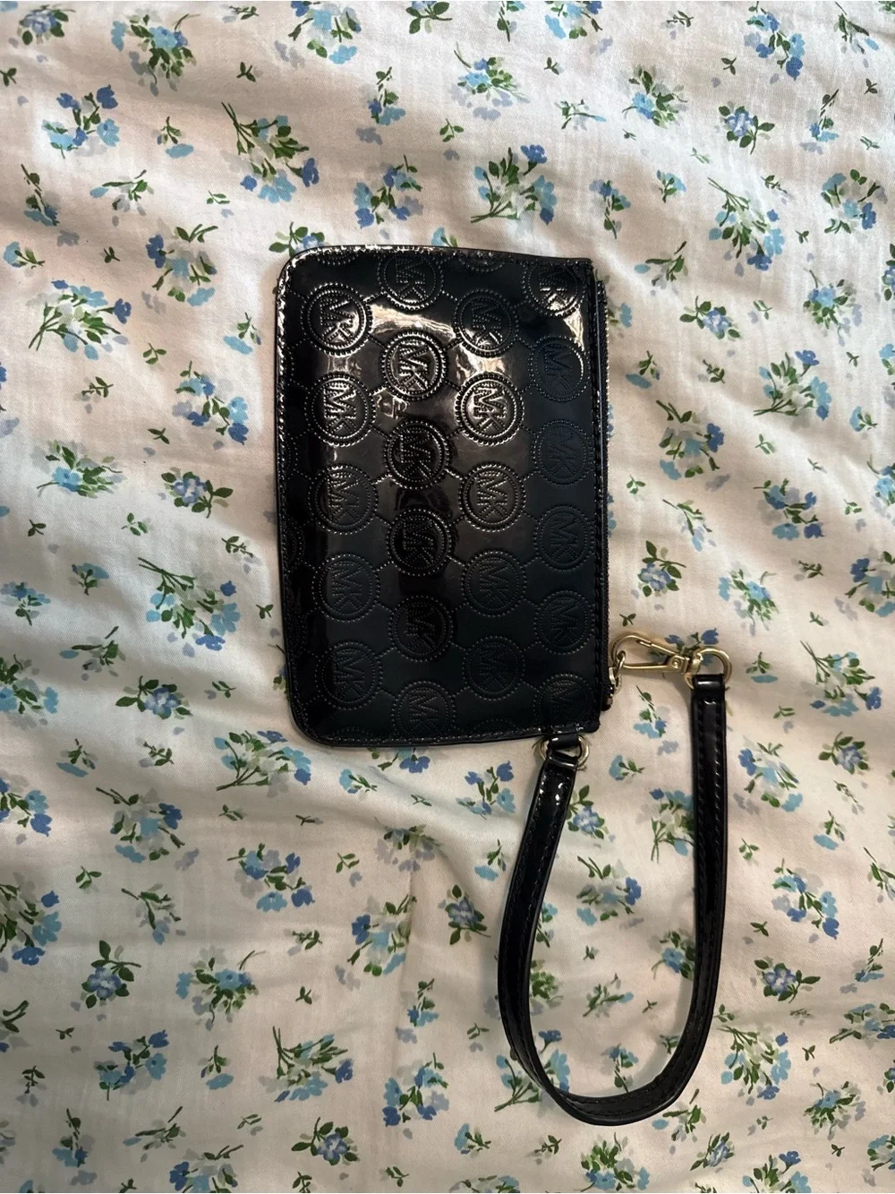 Michael Kors Black Patent Logo Wristlet with Gold Plaque